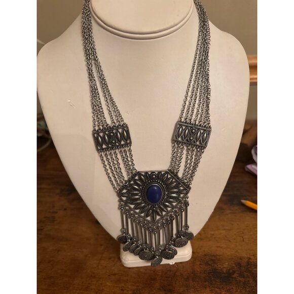 Boho Gypsy Coin Bib Necklace Bold Silver Statement With Blue Stone - Picture 6 of 16